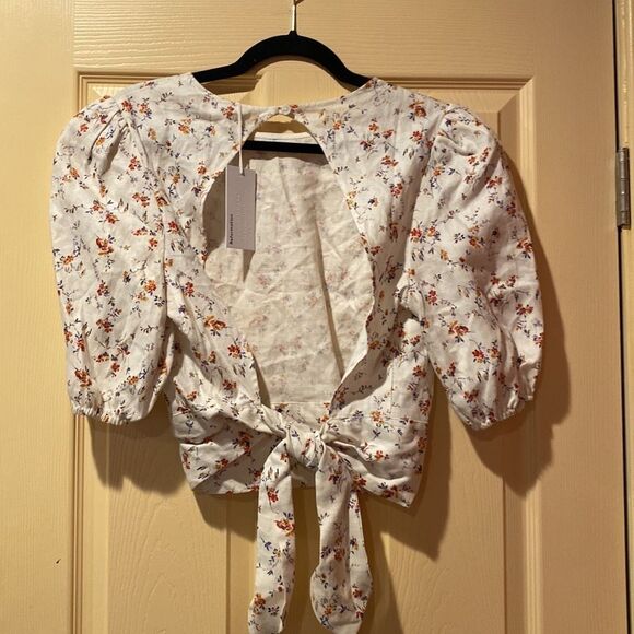 Reformation Seychelles White Linen Floral Top Gabrielle Size XL - Picture 5 of 7